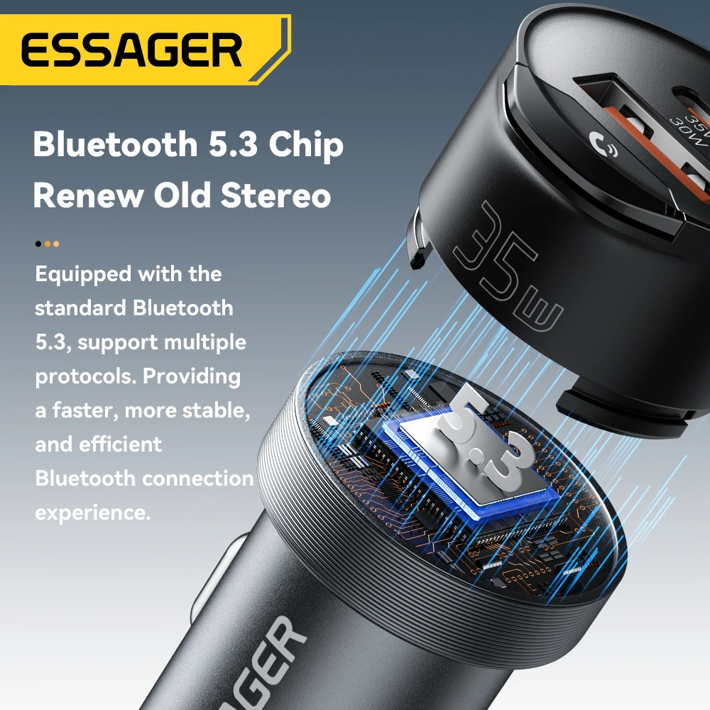 Ładowarka samochodowa Essager Bluetooth 5.3 z kablem AUX 3.5mm, szybkie ładowanie 35W do iPhone 16 15 Huawei Samsung, ładowarki samochodowe Bluetooth — zdjęcie produktu 4