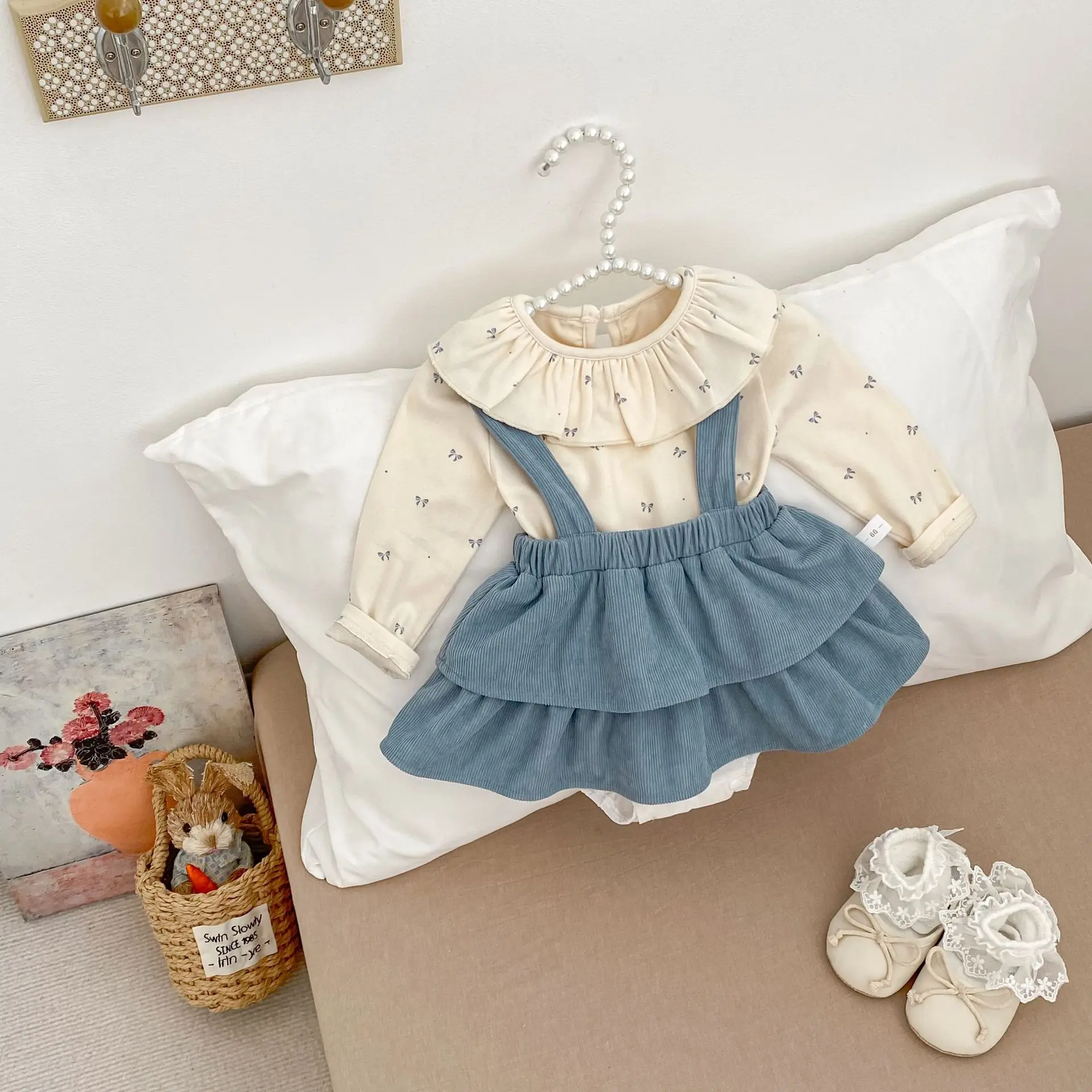 2025 Autumn New Baby Girl Long Sleeve Ruffle Collar Sweet Bow Bottoming Shirts + Overalls Infant Toddler Princess Clothes 0-24M