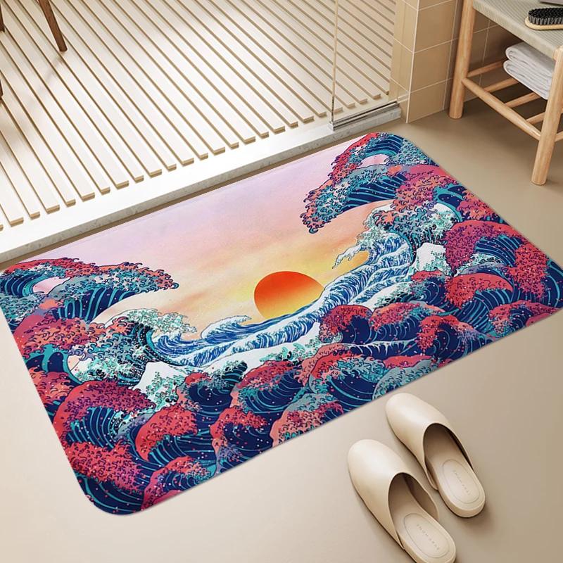 

Rug for Bedroom Japanese W-Waves Washable Non-slip Kitchen Mats Living Room Floor Carpets Bathmat Funny Doormat Entrance Door