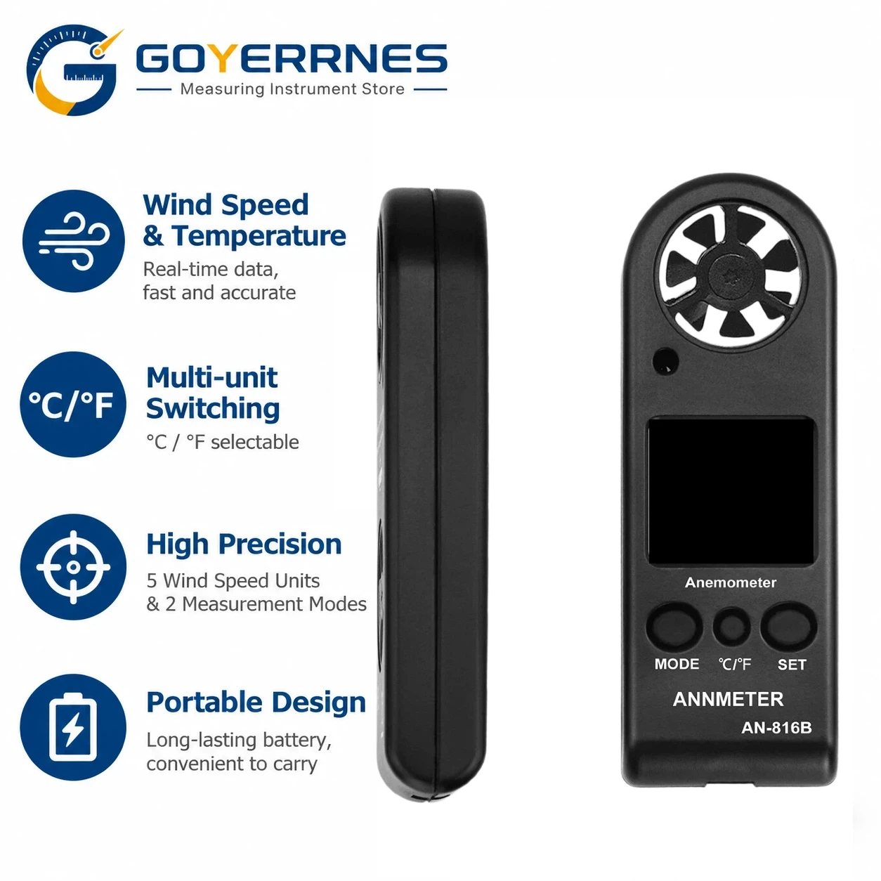 816B Handheld Anemometer Wind Speed Meter Wind Chill Air Flow Tester Temperature LCD Backlight for HVAC Drone Outdoor