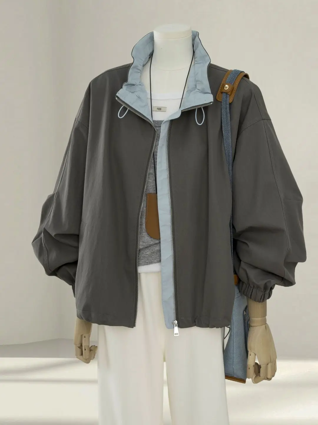 Fashion Color Blocked Stand Collar Women Coat Spring New Casual Long Sleeve Drawstring Outerwear Loose Versatile Zipper Jackets