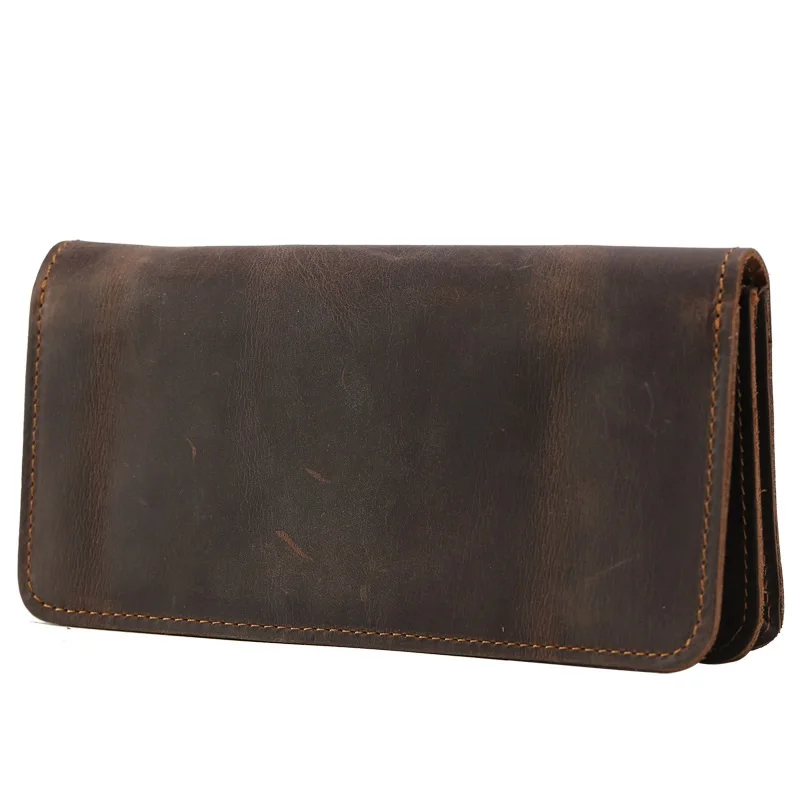 Handmade Long Leather Wallet for Men Vintage Leather Large Capacity Business Cowhide Money Clip with Multiple Card Slots