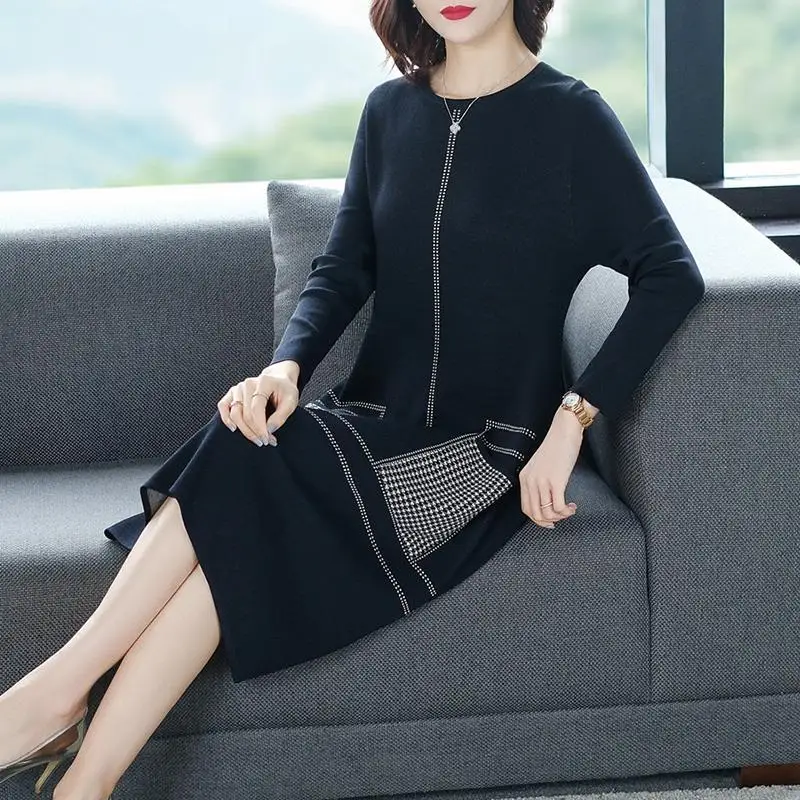 Vrouwen Breien Jurk 2022 Nieuwe Casual Lange Trui O-hals Knielange Patchwork Zakken Bodem Kleding Voor Office Lady Vestidos