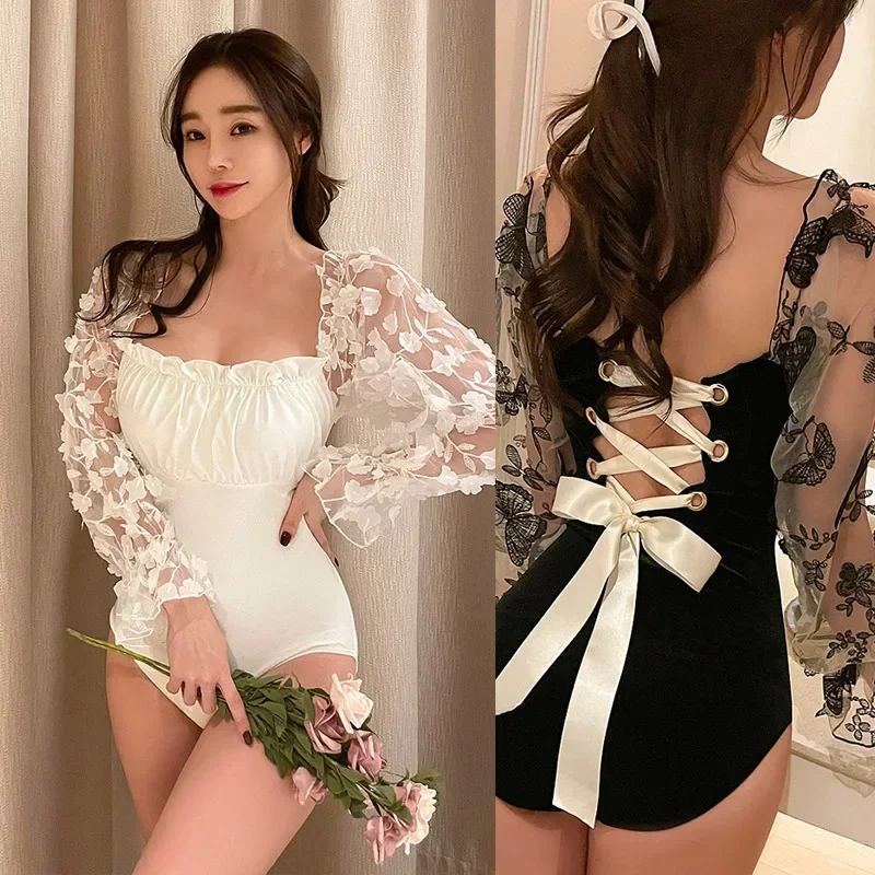 

Retro Lace Long Sleeve One Piece Swimsuit Floral Tie Bikini Sexy Ins Style Fairy Look Swimwear from Mainland China Sportswear