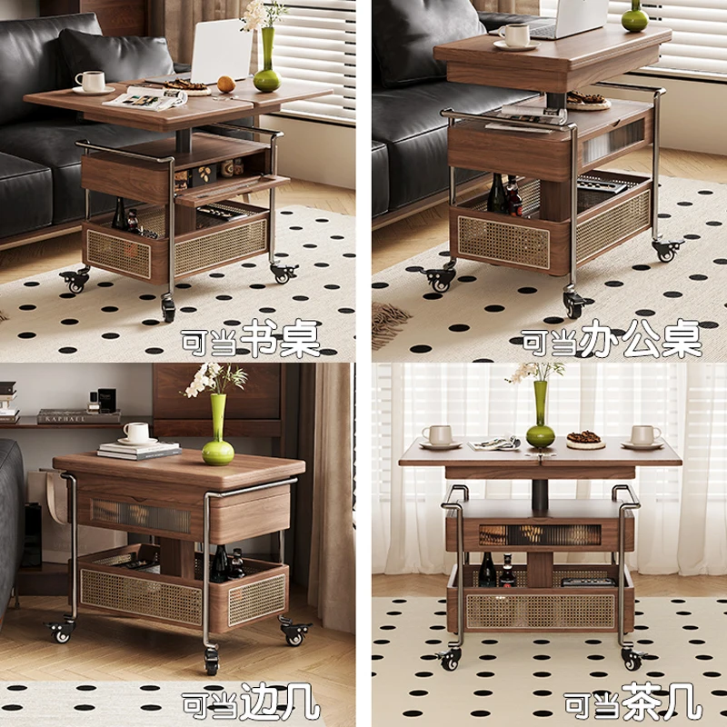 الكرمل نمط القرون الوسطى جميع الخشب الصلب الجوز مضفر الروطان المنقولة رفع طاولة القهوة طاولة جانبية شقة صغيرة عربة قابلة للطي