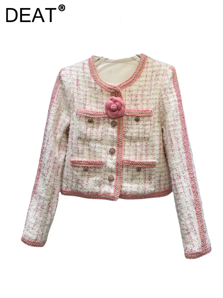 

DEAT Women's Coat Tweed Flower Brooch Woven Pink Edged French Elegant Single Breasted Short Jackets 2024 Autumn New Fashion