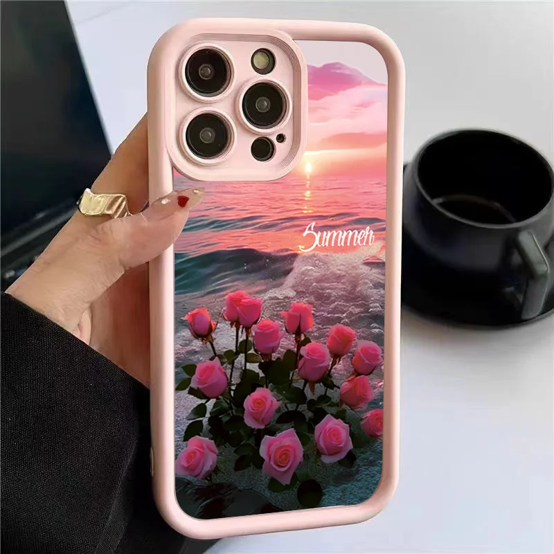 Romantic Seaside Rose Shockproof Phone Case For iPhone 11 12 13 14 15 Pro Max X XS Max 7 8 Plus SE Case For iPhone 15 Pro Cover