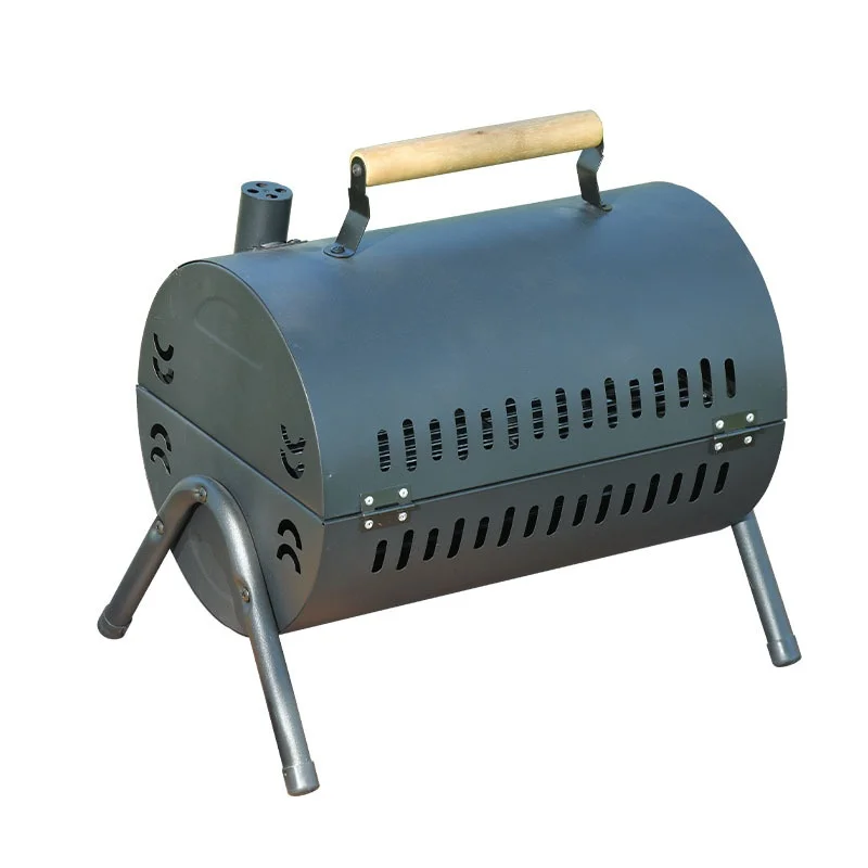 

Outdoor Double-Sided Chimney Stove Portable Barbecue Cylinder Grill for Camping Multi-Function Wooden Handle