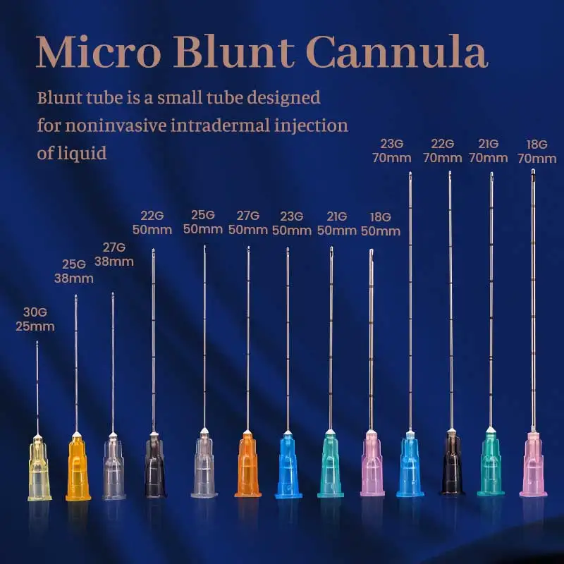 Aguja de cánula de punta roma desechable para relleno de nariz, relleno Facial de ácido úrico, 18G, 21G, 22G, 23G, 25G, 27G, 30G, 50 piezas, 1 caja