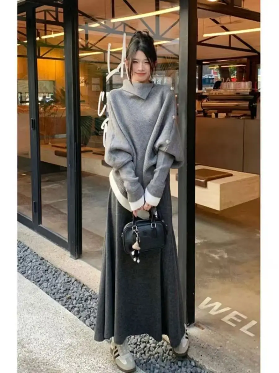 

ay Асимметричный свитер с высоким воротником, женский осенне-зимний вязаный топ Lazy Sle, модный повседневный свободный крой Long Sve