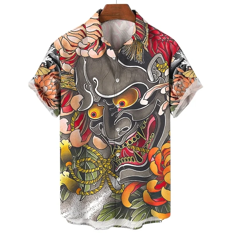 

Vintage 3d Printed Japanese Samurai Skull Retro Shirt For Men Street Short Sleeve Tops Man Clothes Harajuku Floral Camisa Slim