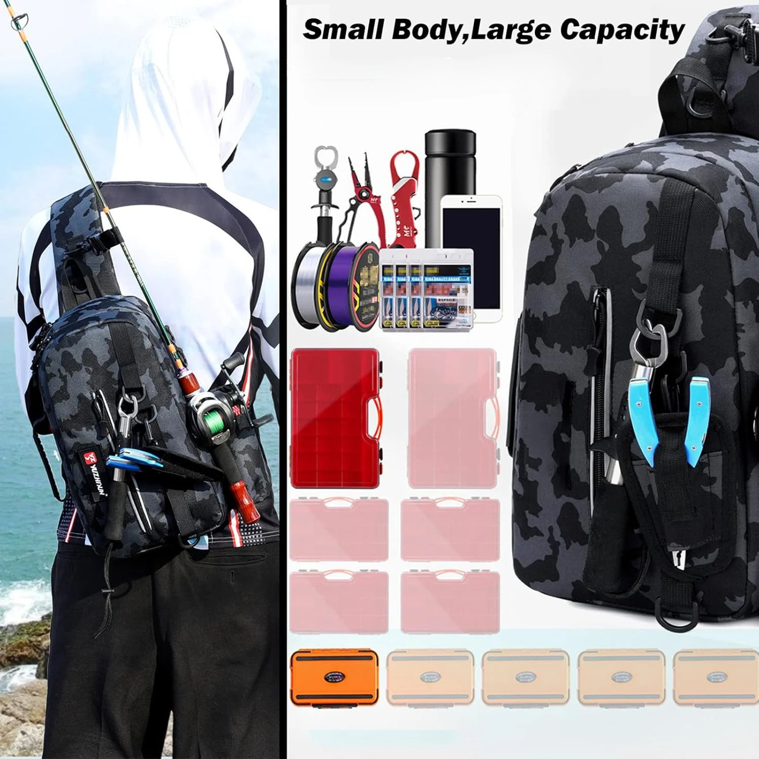 

New Multi-Functional Lure Bag, Fishing Rod Holder Shoulder Crossbody Pack, Reflective Safety Wearable for Outdoor Fishing