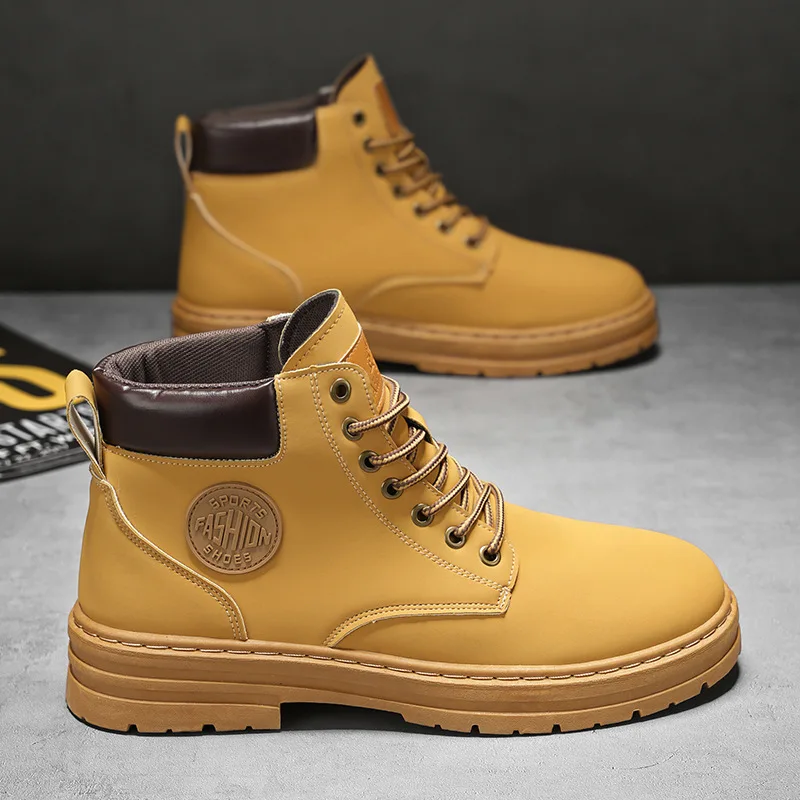 

Men's high top Boots four season outdoor work shoes anti slip and comfortable yellow boots fashion British casual leather boots