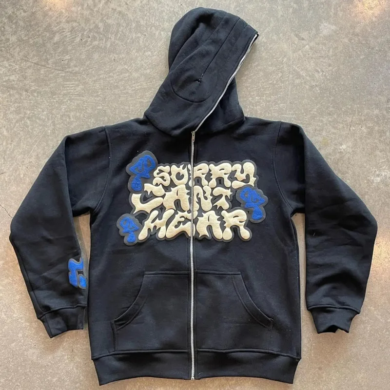 Y2K Hip Hop Men Hoodies Streetwear Letter Print Long Sleeve Full Zipper Sweatshirts Retro Oversized Pocket Women Jackets Clothes