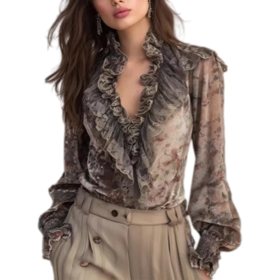 

Women Chiffon Blouse 2026 Spring New Women's Sweet Ruffle Vintage Tie Dye Long Sleeve Shirt Top