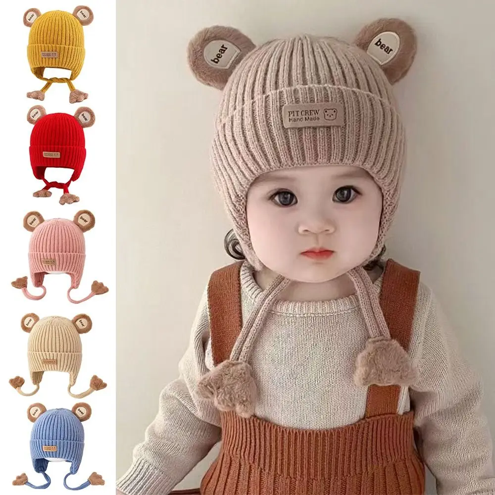 

Cute Bear Design Toddler Beanie Cap Cotton Lining Lacing Detail Winter Warm Cap Knitted Material Warm hicken Infant Knitted Cap