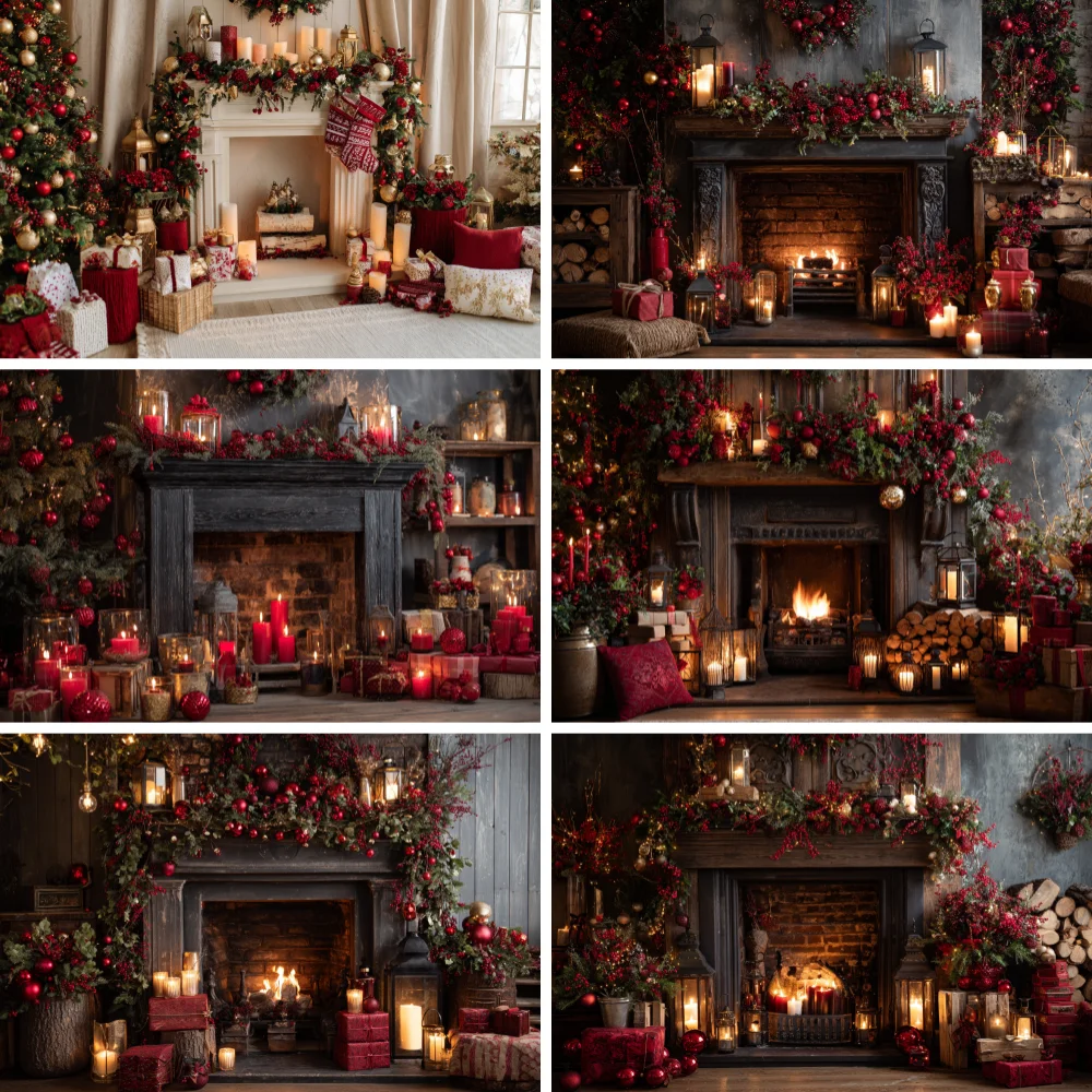 

Christmas Background Baubles Wreath Candle Wood Fireplace Photography Backdrop Photo Cloth Party Decoration Custom