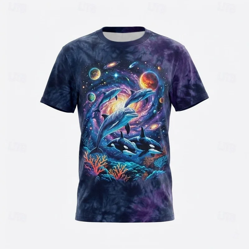 3D Printed Fire Tiger Galaxy Dolphin T Shirt For Men Animal Pattern T-Shirts Summer Round Neck Short Sleeve Tees