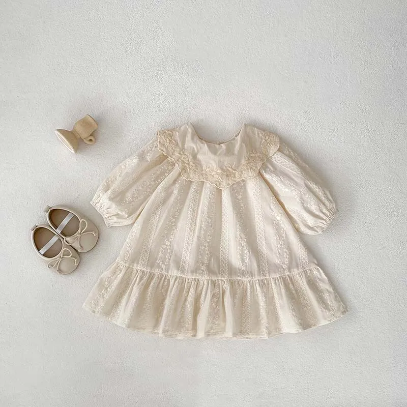 2024 Baby Bodysuit Sisters Dresses Sweet Big Lapel Girl Embroidered Flower Dress Toddler Long Sleeve One Piece Kid\'s Clothing