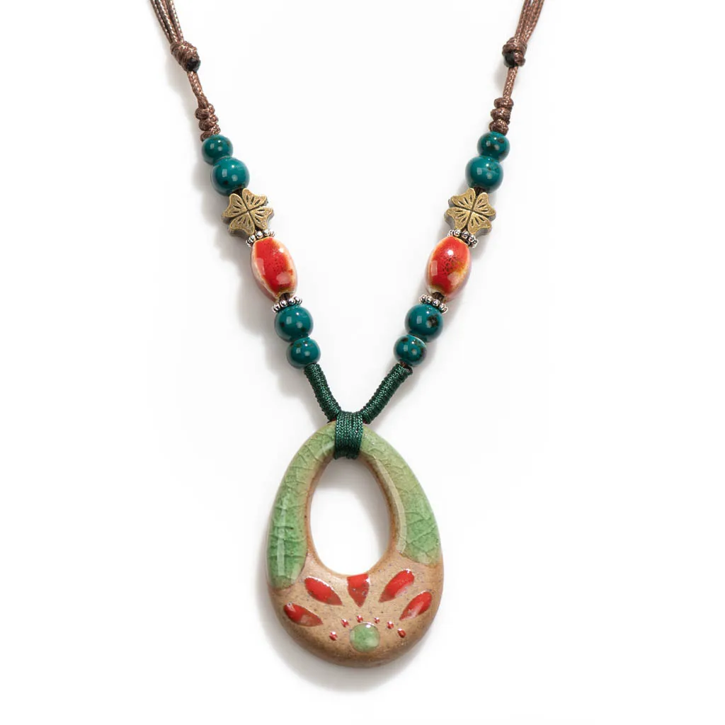Handmade Vintage Ceramic Necklace Ethnic Style Chinese Pendant Unique Women's Accessory  collar collares para mujer X840A