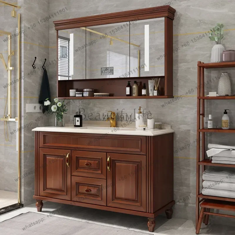 

American oak bathroom cabinet light luxury smart mirror floor-to-ceiling bathroom sink basin cabinet combination