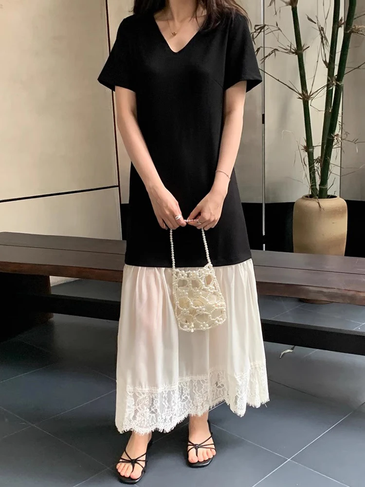 

SuperAen 2024 Korean Chic Summer Elegance V Neck Loose Contrast Patch Organza Lace Short Sleeve Dress