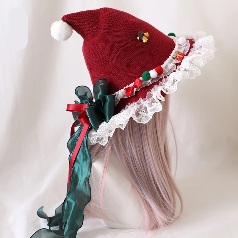 Sombrero de bruja de Navidad Original japonés Lolita, lazo de encaje, sombrero de cuento de hadas para mujer, accesorios de disfraces de fiesta, tocado con lazo