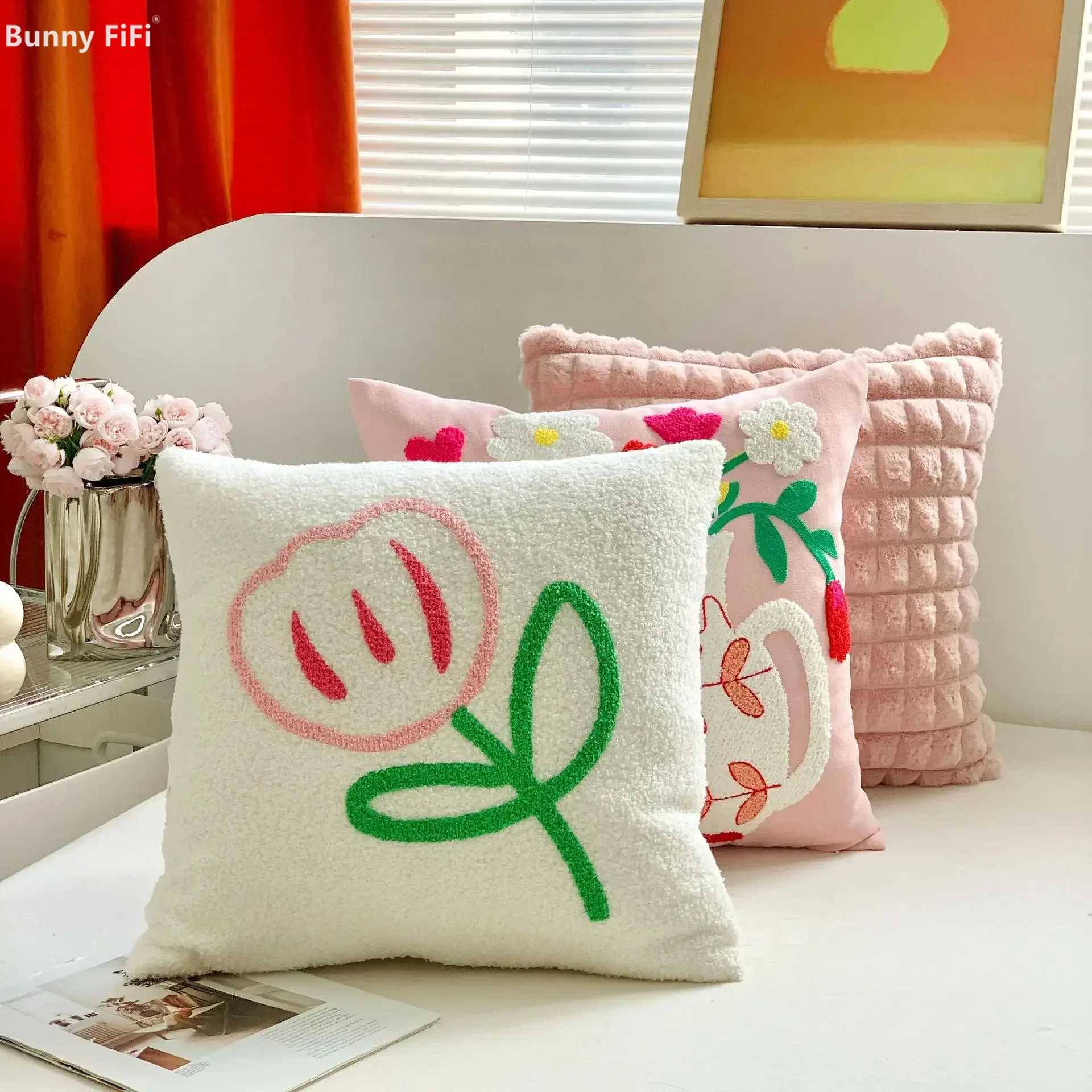 French Pink Floral Pillow Cases Fluffy Flower Embroidered Throw Pillow Cover Living Room Sofa Decorative Pillow Case 45x45cm