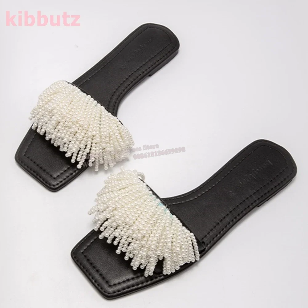 

Pearl Fringe Slipper Sandal Square Toe Flat with Leather Solid Color Slip-On Fashion Novelty Elegant Party Dress Women Shoes New