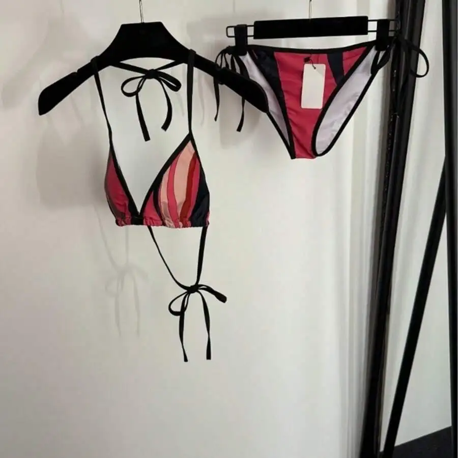 

Two-Piece Bikini Set Triangle Halter Top With Side Tie Bottom Striped Pattern Soft Breathable Fabric