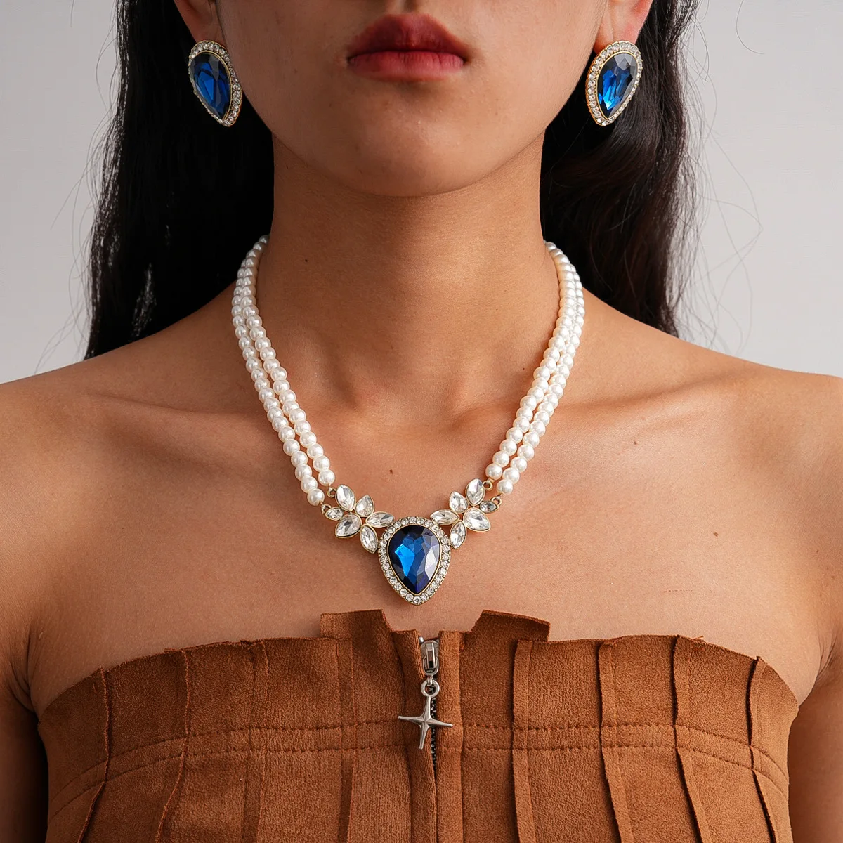 

2 Pcs Elegant Double Layer Imitation Pearl Chokers Necklace Women's Retro Blue Rhinestones Earrings Wedding Banquet Jewelry Sets