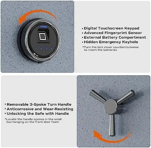 Deluxe Biometric Safe Box,Digital Fingerprint Fireproof Waterproof Safe with Touch Screen,Removable Shelf and 3 Spoke Safe Han