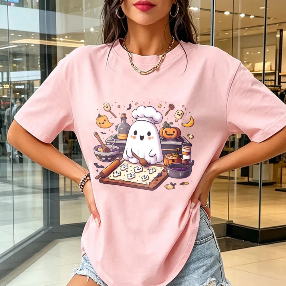 Cute Ghost Chef Baking Halloween Cartoon Print Unisex Cotton T-Shirt Chef Baking Casual Funny Kawaii Harajuku Streetwear Top Tee
