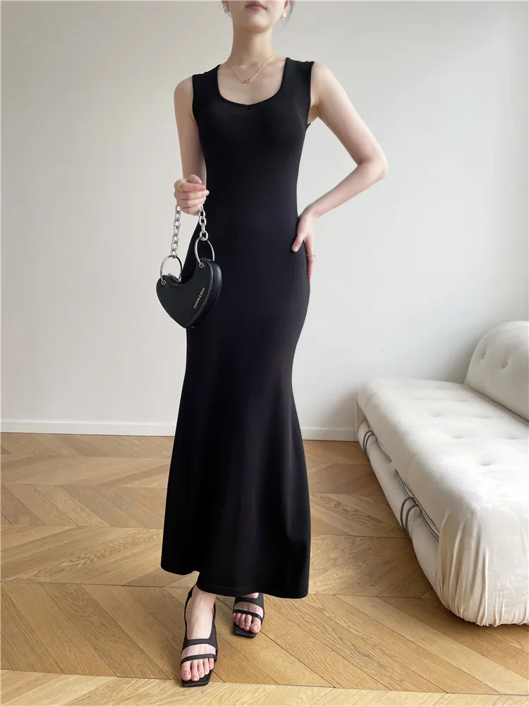 7564 Thai Style Water Drop Square Neck Slimming Off-Shoulder Sleeveless Waist-Cinching Bodycon Mermaid Tank Long Dress Summer