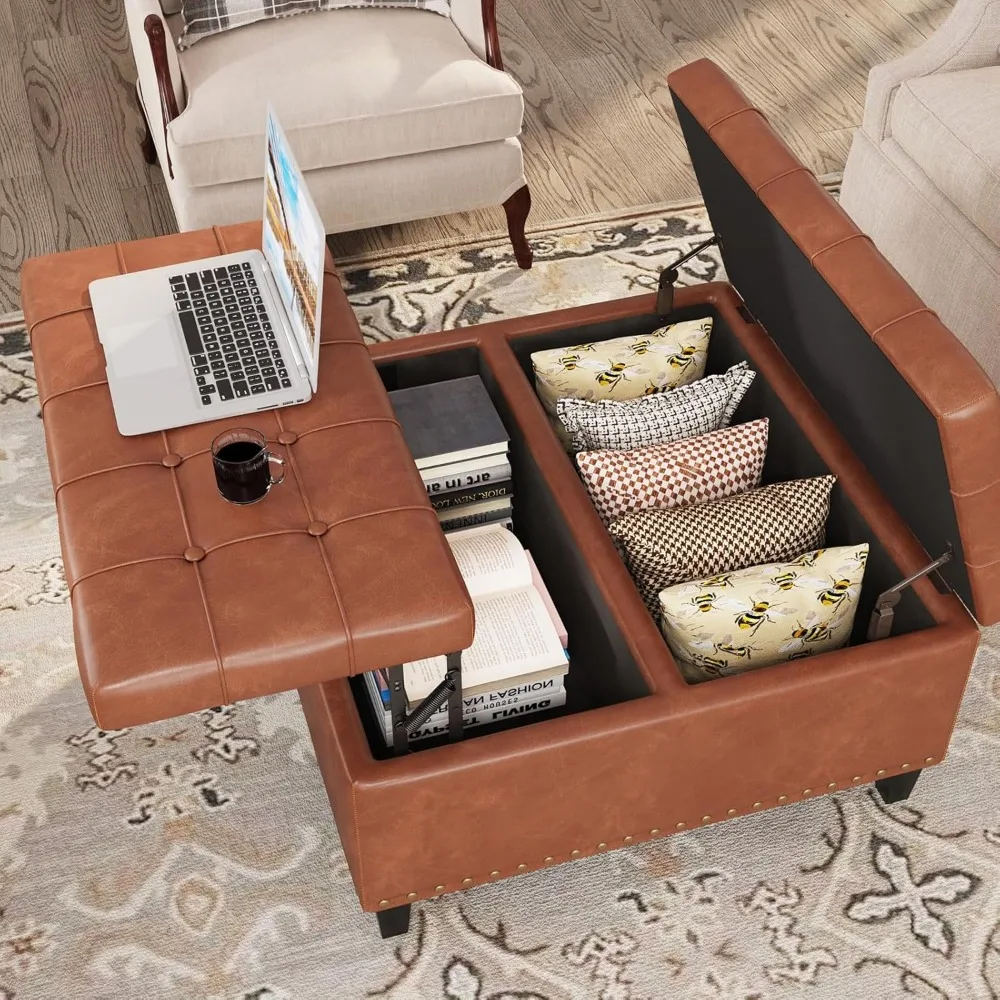 Ottoman kulit persegi dengan penyimpanan, Leather Coffee Table Ottoman dengan pengangkat atas, tempat penyimpanan mainan bangku pijakan kaki berlapis kain besar