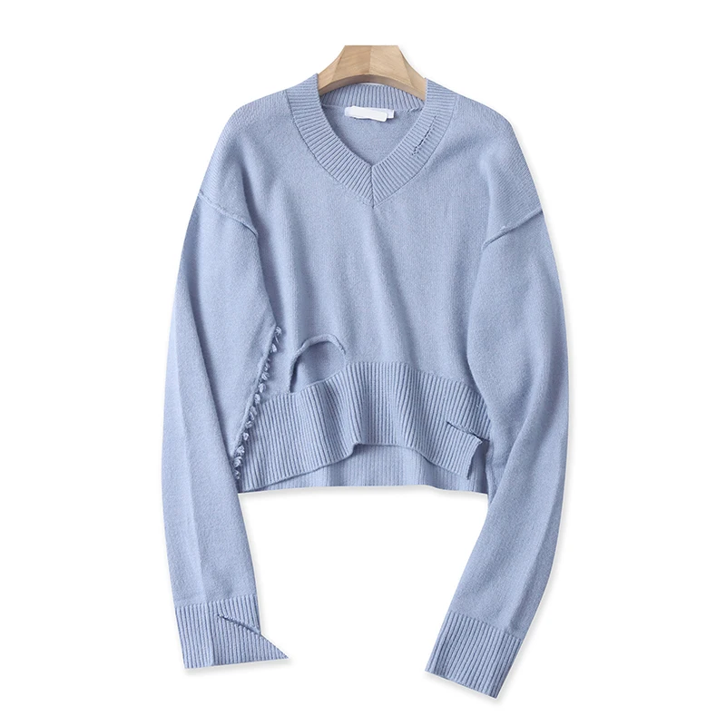 

Свободный крой V-Ne Long Sve Lazy Sle ort Length Дизайн с отверстиями Вязаный свитер Осень Зима Новое поступление Женская мода...