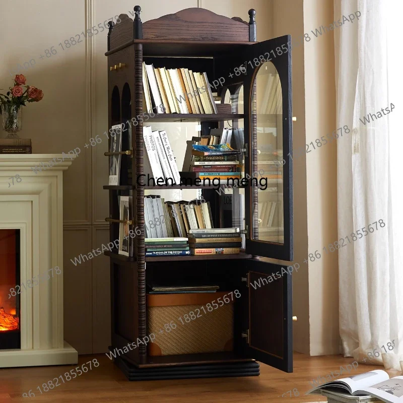 French Style Solid Wood Bookshelf Vintage Rotating Storage Corner Magazine 360-Degree Display Cabinet