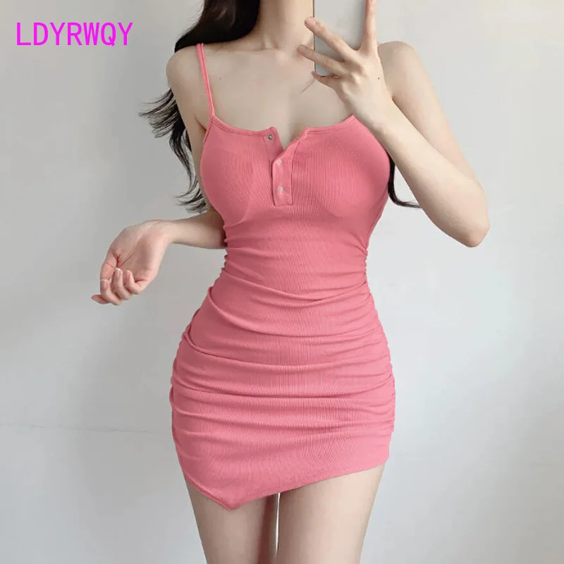 

New style, half open collar, button pleats, waistband, figure, buttocks, bottoming, Slip dress, female