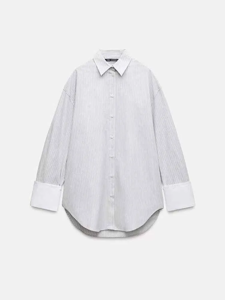 

2024 autumn new women's fashion commuting leisure loose striped shirt poplin long-sleeved lapel shirt