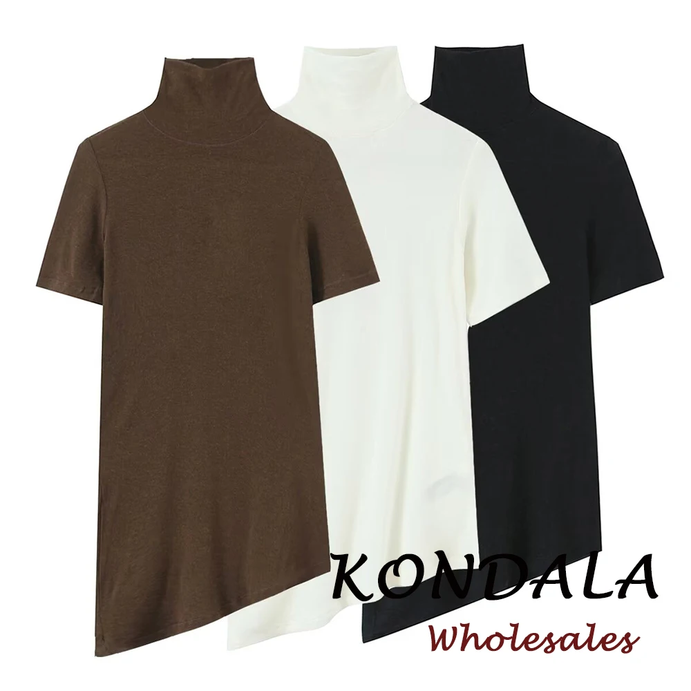 KONDALA Chic Elegant Solid Women T-shirt Streetwear Asymmetric Fashion 2026 Spring Short Sleeve Long Modern Casual Female Top