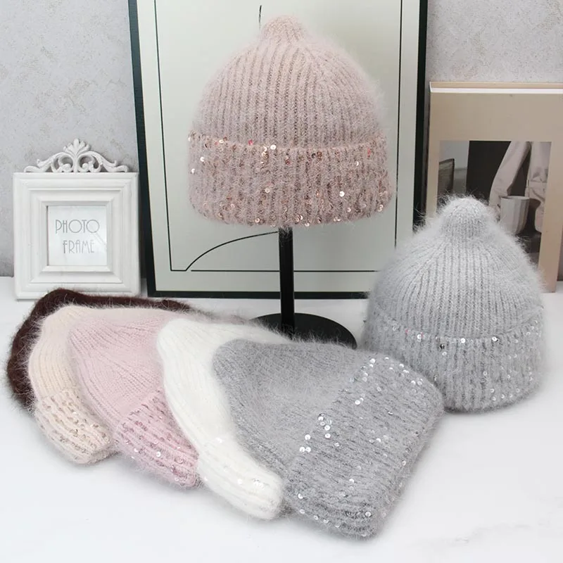 Fashion Sequin Pointed Knitted Melon Skin Hat Winter Soft Rabbit Hair Blend Warm Ear Protection Beanie Cap Versatile Women Caps