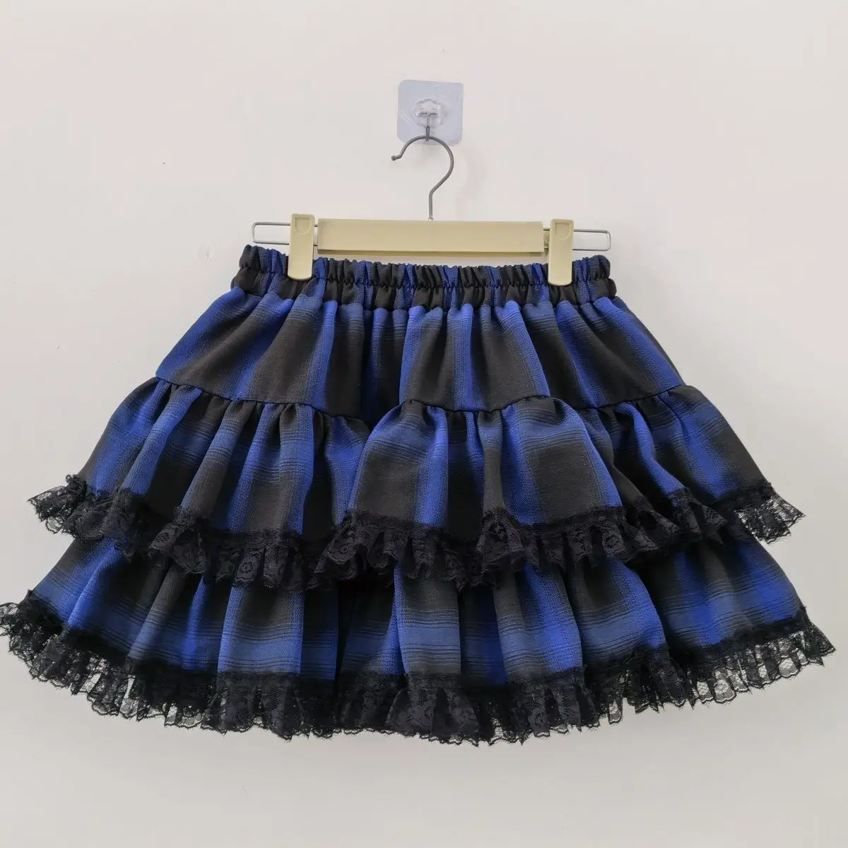 Kimotimo New Dark Plaid Mini Skirt Women British Style Blue Tiered Cake Skirt Puffy Ruffled Hem
