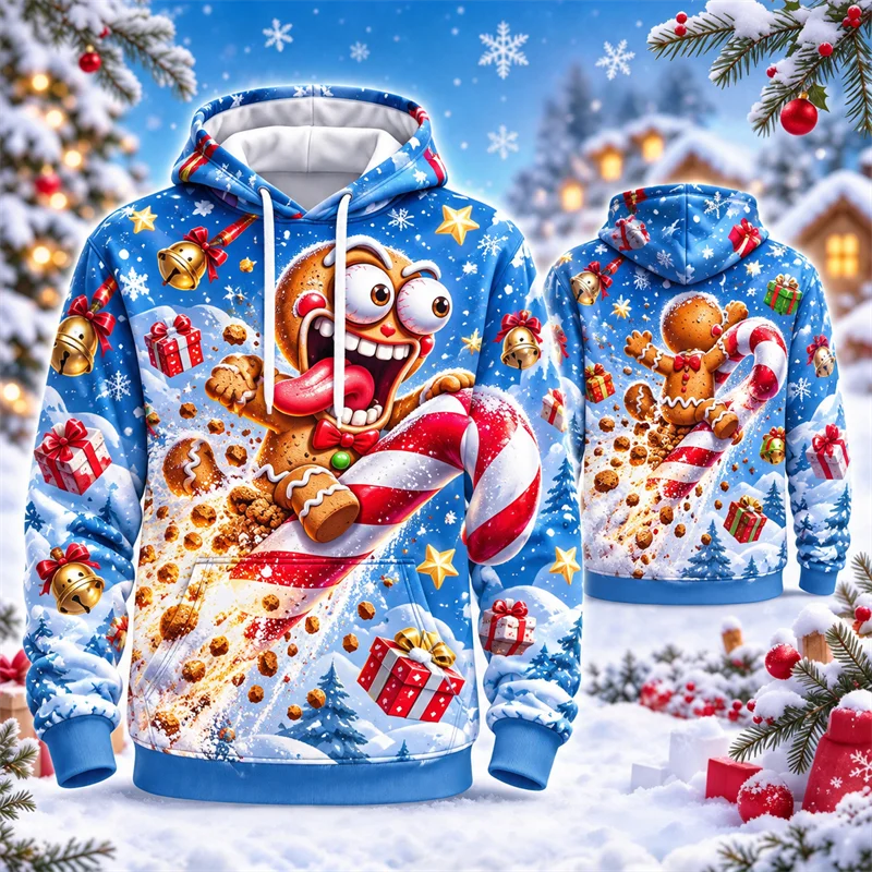 Creative Christmas Hoodie Crazy Face Gingerbread Man Artwork 3D Print Winter Xmas Sweatshirt Casual Streetwear For Family Friend