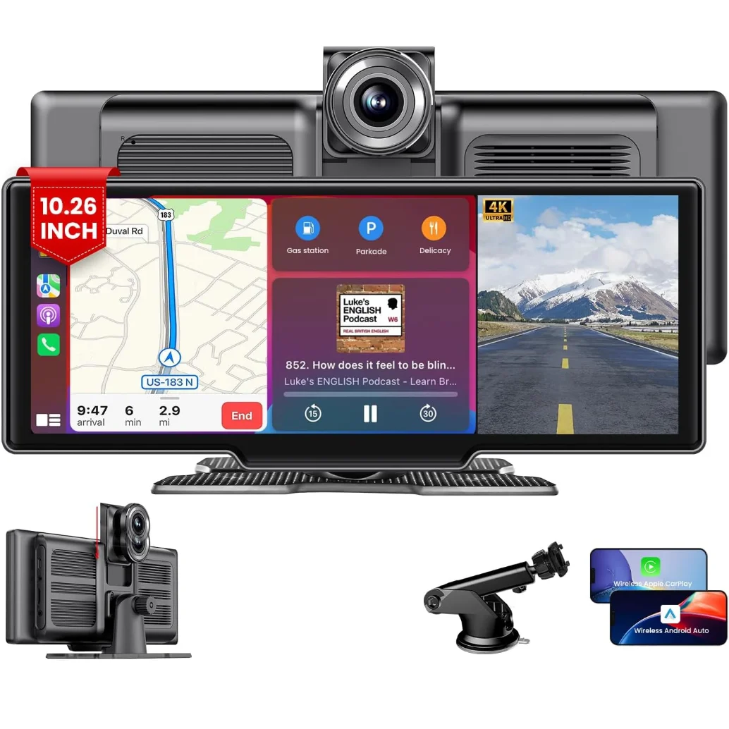 

Беспроводная портативная автомобильная стереосистема Apple CarPlay 2k 10,26 дюймов IPS сенсорный экран в приборной панели навигации видеорегистратор циклический экран записи