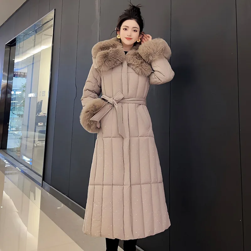 

With Belt Long Hooded Parkas Winter Cotton Padded Jacket Faux-Fox Fur Warm Coat Women Thick Puffer Female Casual Outerwear