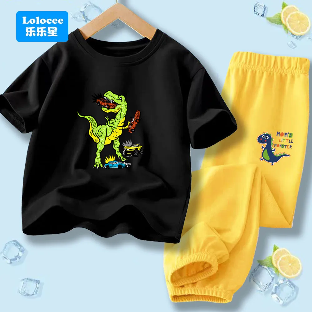 Lolocee Kids Dinosaur & Car Print Outfit, Short Sleeve T-Shirt & Blue Pants Set, Cute Dino Cartoon Summer Clothes for Boys KL2