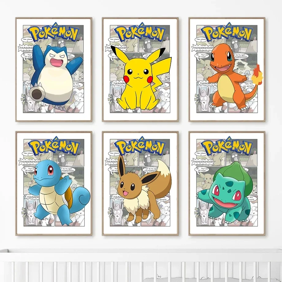 Pokemon urządzenia peryferyjne plakaty Pikachu Bulbasaur Charizard Snorlax na płótnie malarstwo Anime wydruki artystyczne na ścianę dla dzieci