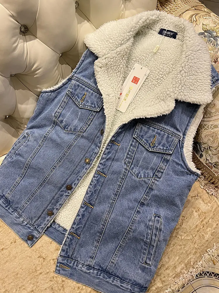 

Vests Women Denim Waistcoat Aesthetic Winter Youth Plus Velvet Unisex Gilet Sleeveless Outwear Pockets Young Clothing Thick