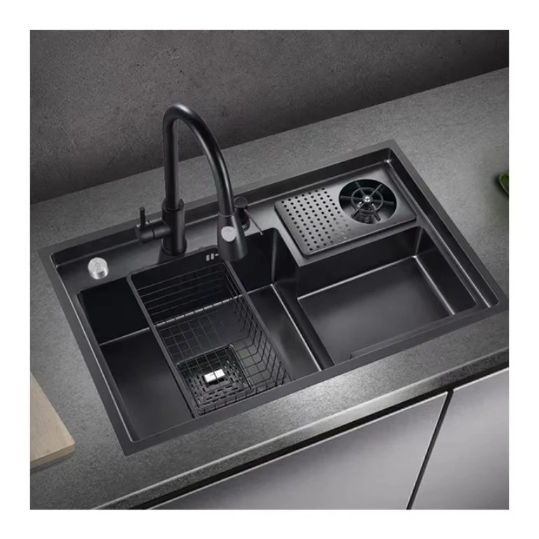 Newly Designed Black Nano Stainless Steel Smart Kitchen Sink with Cup Washer Single Bowl Style 1 Valve Brass Material