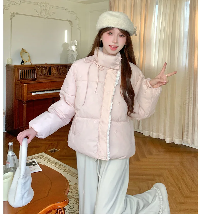 Sweet Pink Bow Stand Collar Puffer Jacket Women Korean Lace Spliced Thick Outerwear Students Winter Warm Cropped Cotton Jackets